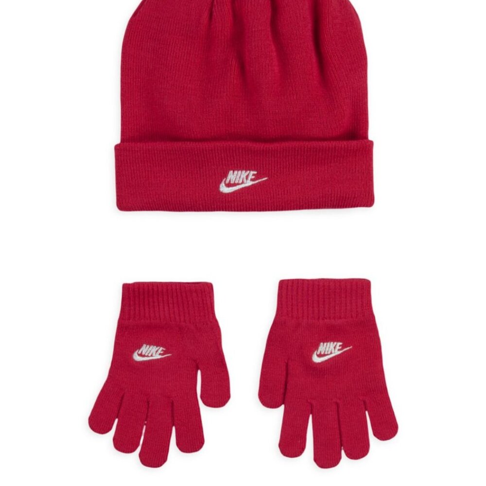 NWT NIKE Girls Beanie Hat Cap Gloves 2Piece Set Knit Rush Pink White Logo Youth